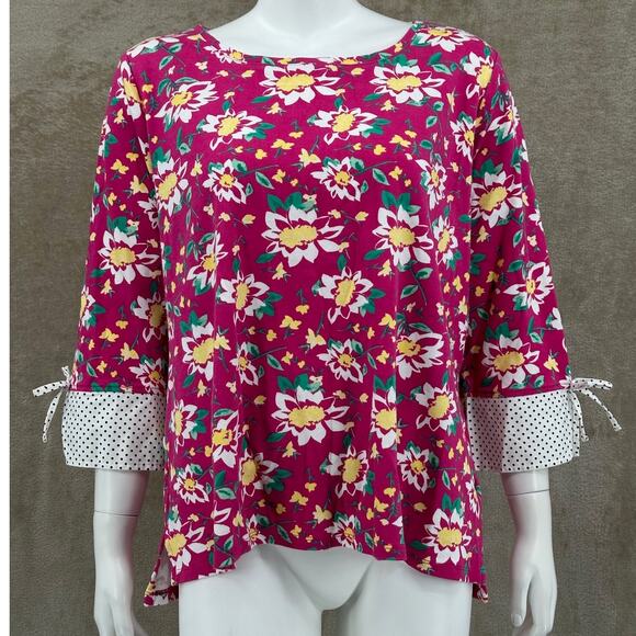 Kim Rogers Top‎ Womens 1X Pink Floral Curvy Polka Dot Bow Cuffs Feminine Boho - Picture 1 of 9